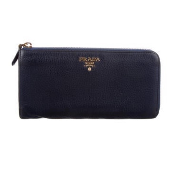 Prada Handbags - Prada navy rare blue pebbled leathered long zippy wallet with gold tone hardware
